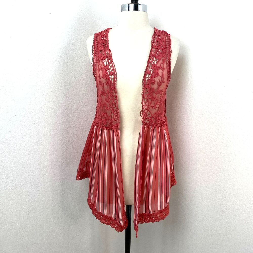 Coral Vest Open Blouse Top Crochet Embroidery Large Fairy Goth Boho Festival Y2K